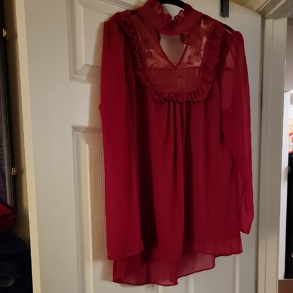 Red Sheer Ruffled Blouse with Bib Collar